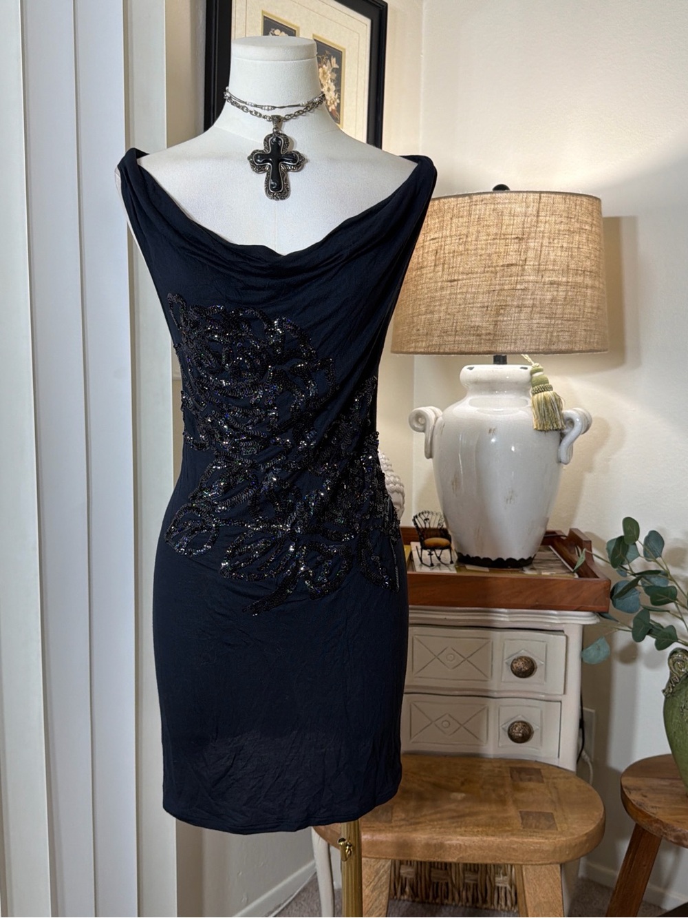 Express Black Beaded Cowl Neck Mini Dress